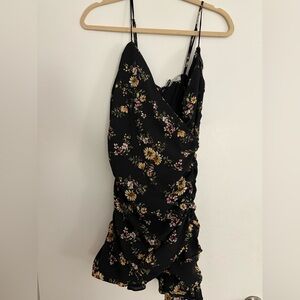 Floral Scrunched Black Dress